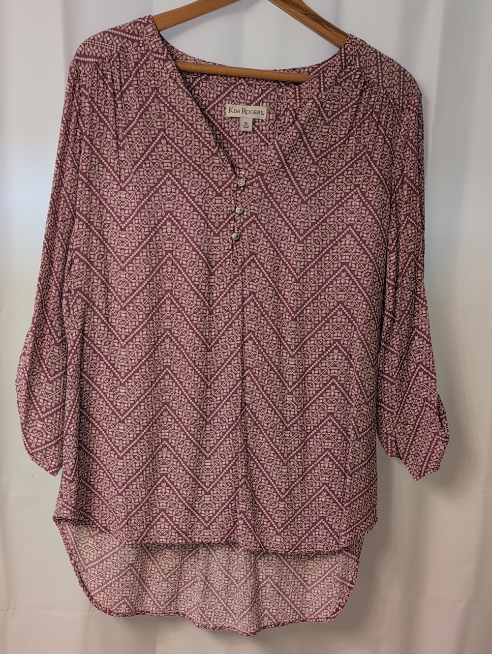 Kim Rogers Tunic Blouse Chevron Geometric Berry-Plum, Split Neck, 3/4 Sleeves